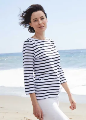 GALATHEE II - Breton Striped Top with ¾ Sleeve | Soft Cotton | Women Fit (WHITE / BLACK)