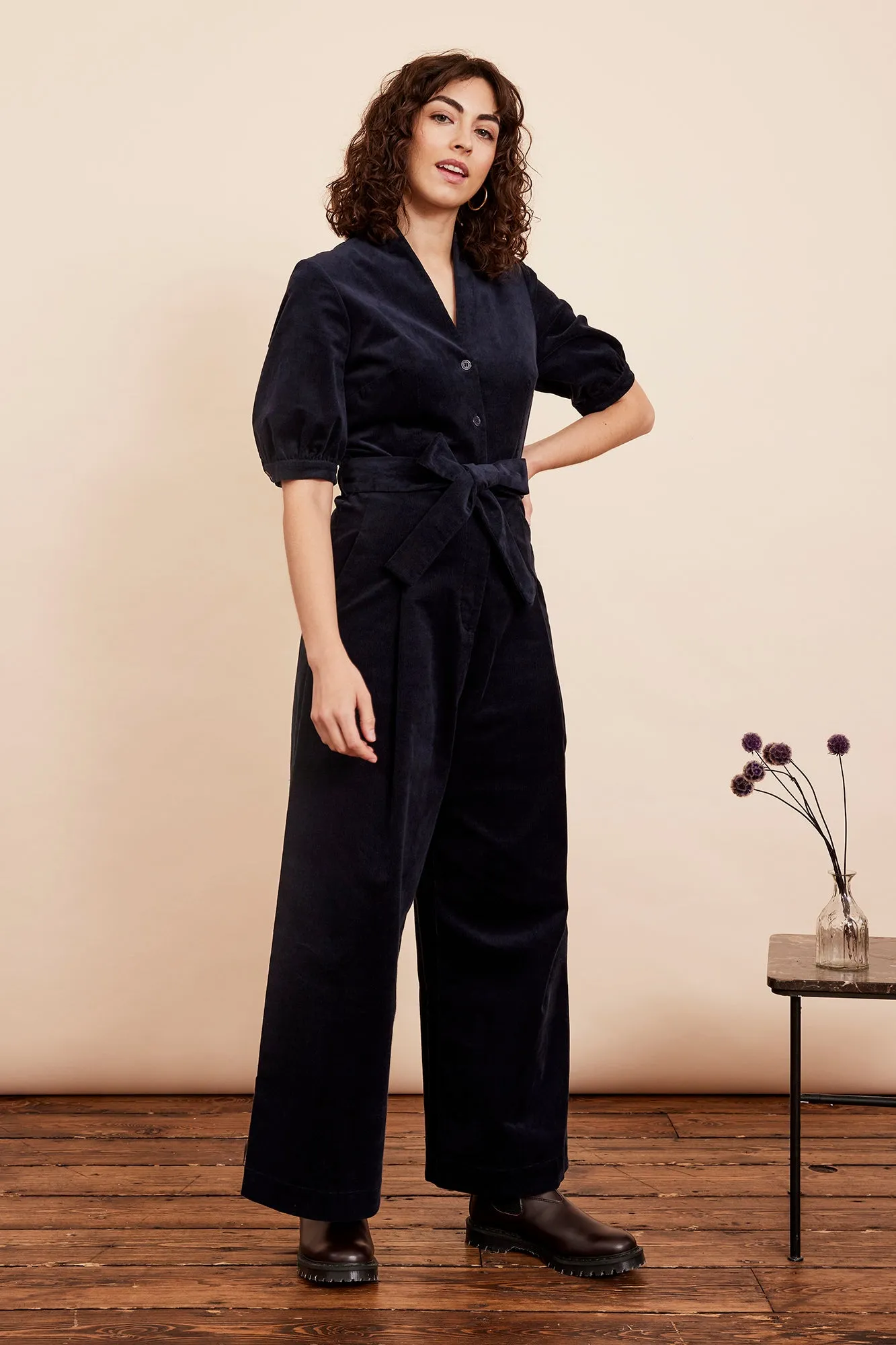 Long Navy Black Stella Needlecord Jumpsuit with Adjustable Straps and Flattering Fit