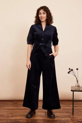 Long Navy Black Stella Needlecord Jumpsuit with Adjustable Straps and Flattering Fit