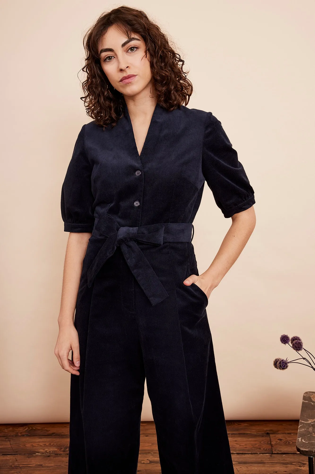 Long Navy Black Stella Needlecord Jumpsuit with Adjustable Straps and Flattering Fit